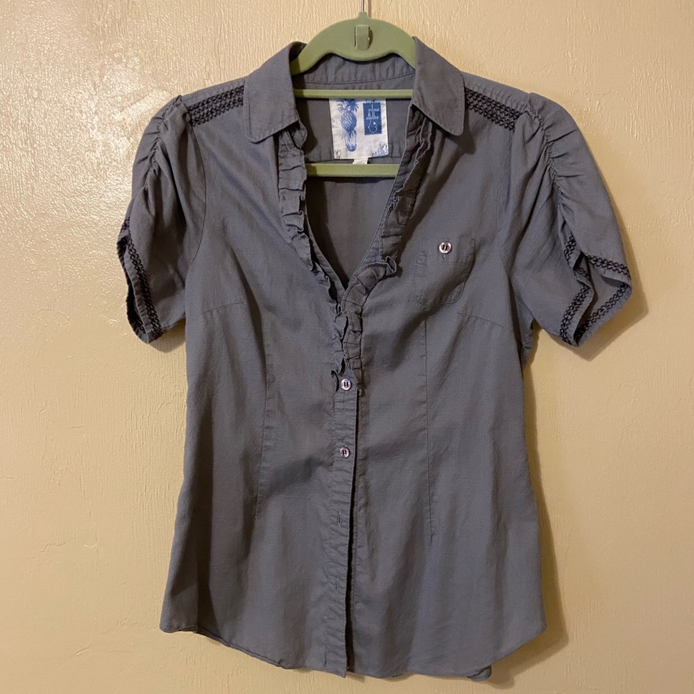 Gray ruffle button up Anthropologie top
